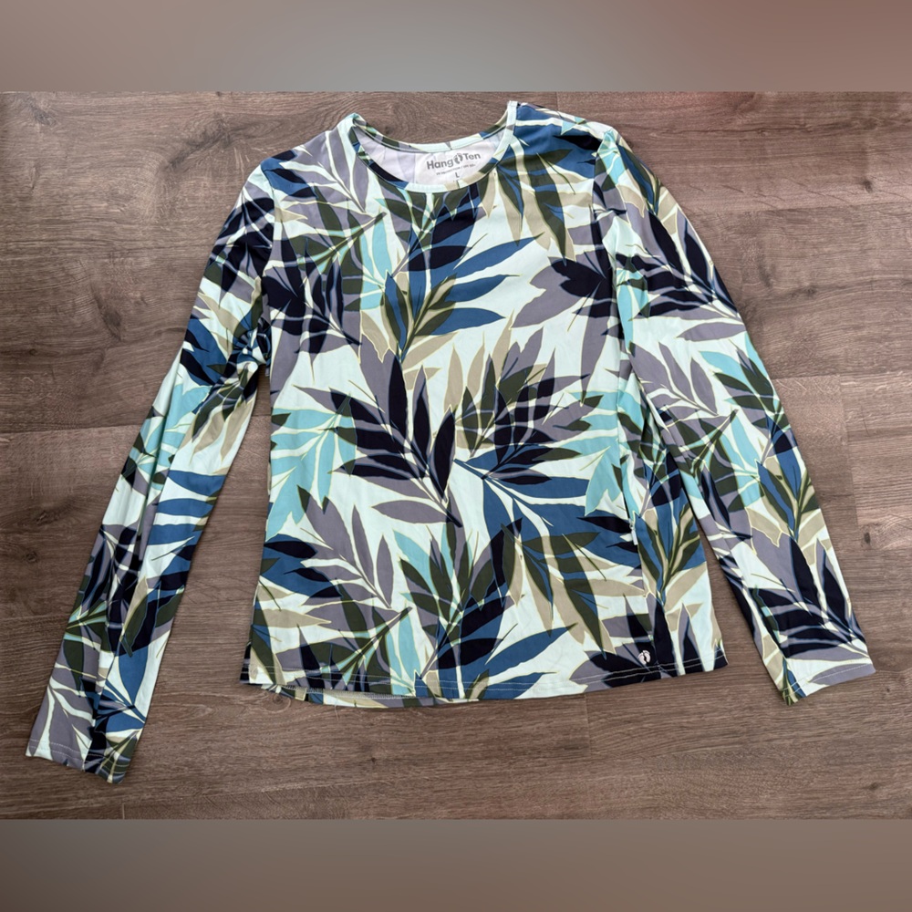 Hang Ten Plant Fitted Long Sleeve UV Protect Top Size Large Blue Pocket Outdoor